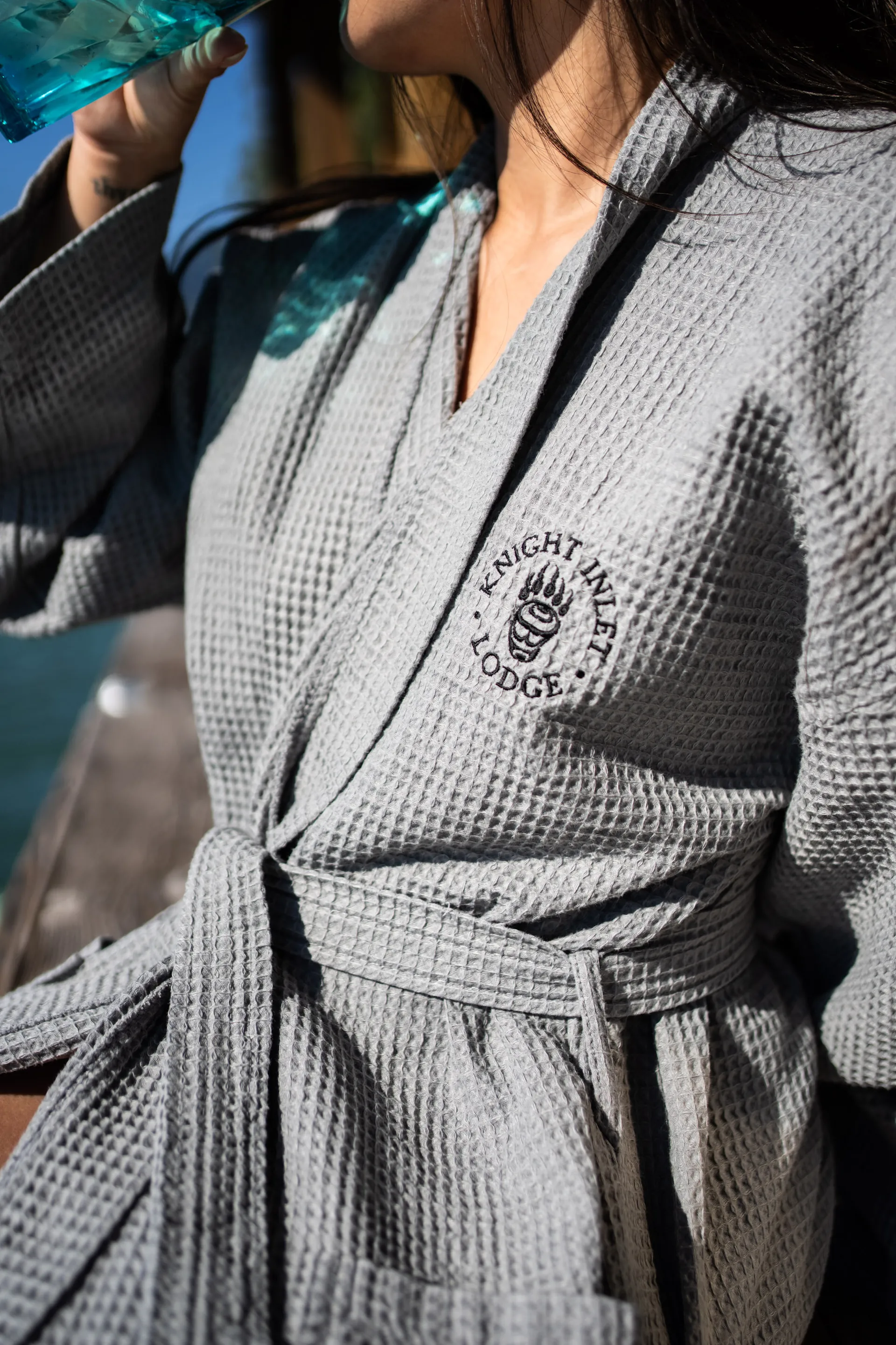 A lodge bathrobe with the Knight Inlet crest