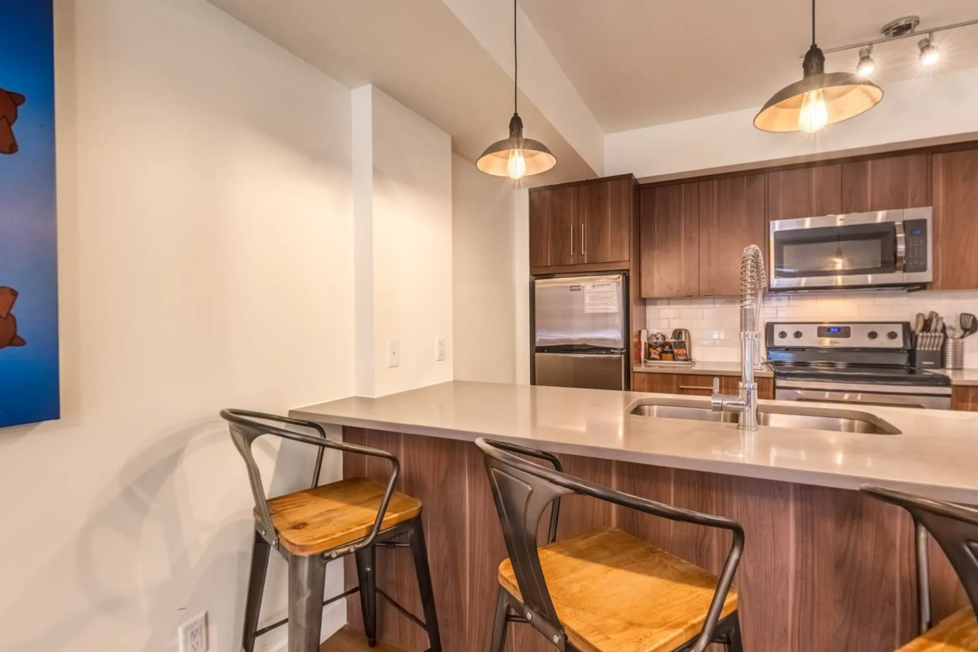 The kitchen island and breakfast bar of a ground-floor three-bedroom suite, stainless appliances and vaulted ceiling
