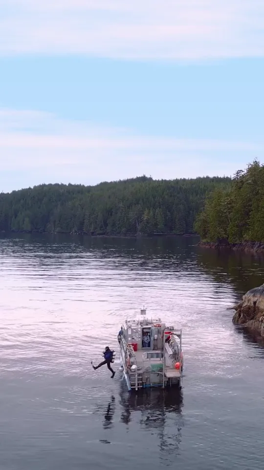 The dive boat Hurst Isle on flat water off the islands, a diver's splash beside the stern