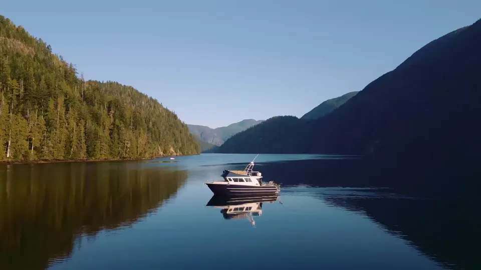 A charter boat sitting on glassy water in a mountain-walled inlet on a clear morning