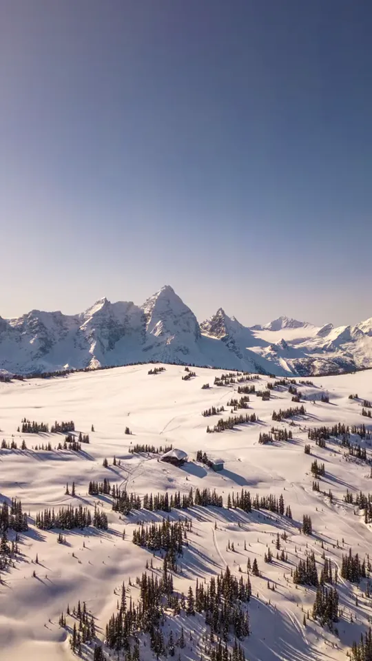 Hikers climbing a snow-patched alpine slope above Purcell Mountain Lodge, Mount Sir Donald sharp on the skyline behind them